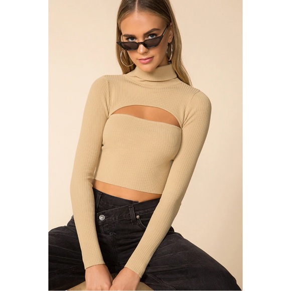 REVOLVE Sweaters - REVOLVE SUPERDOWN Beige Ribbed Knit Stretchy Bodycon Cut Out Turtleneck Sweater